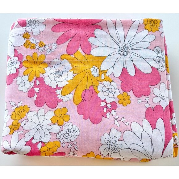 Vintage 70s flat/top sheet, orange, pink, white daisy flowers, full/double size - Picture 8 of 8